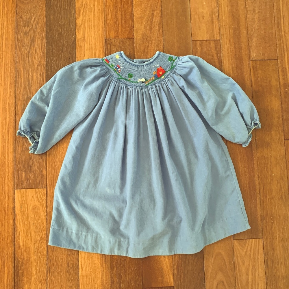 Toddler Girls Smocked Farm Animals Bishop Long Sleeve Corduroy Dress Blue 3T